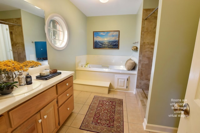 bathroom featuring vanity, shower with separate bathtub, and tile patterned floors