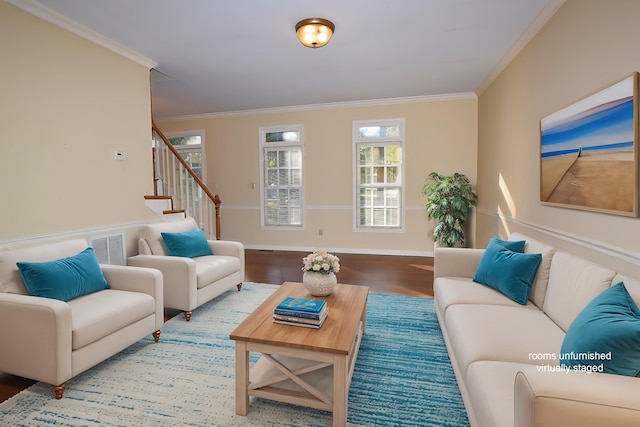 living room with crown molding and wood-type flooring