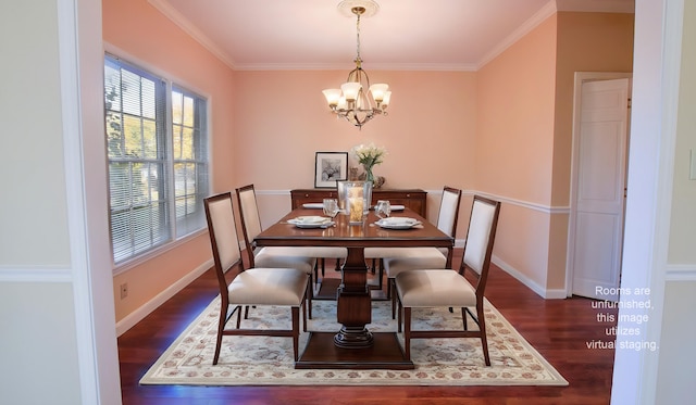 dining area with ornamental molding, a chandelier, and dark hardwood / wood-style floors