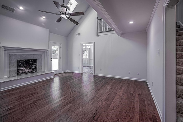 unfurnished living room featuring crown molding, ceiling fan, high vaulted ceiling, and dark hardwood / wood-style flooring