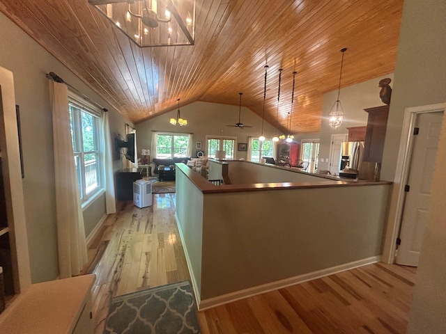 kitchen featuring ceiling fan, wood ceiling, light wood-type flooring, and hanging light fixtures