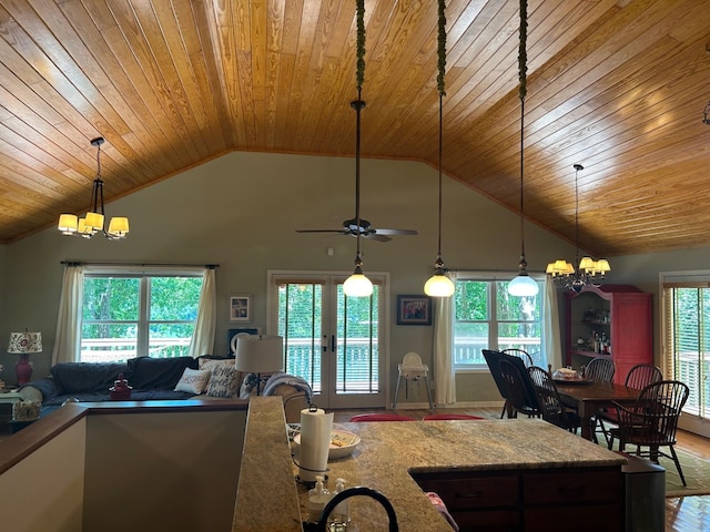 kitchen featuring wood ceiling, decorative light fixtures, and plenty of natural light