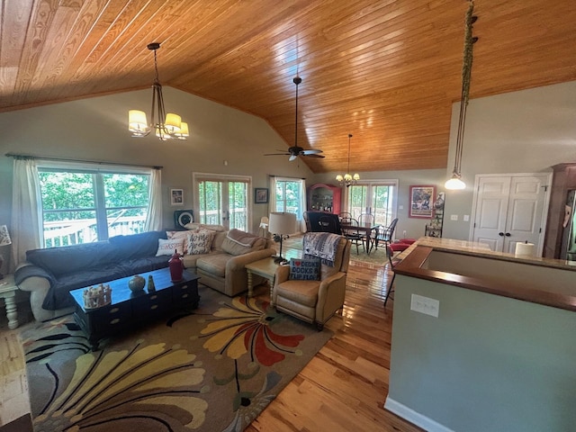 living room featuring wood ceiling, high vaulted ceiling, wood-type flooring, and ceiling fan with notable chandelier