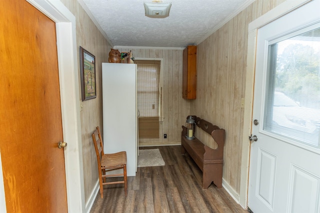 corridor featuring crown molding, wooden walls, and dark hardwood / wood-style floors