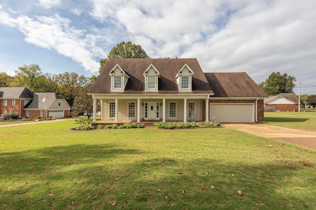 cape cod home featuring a garage, a front lawn, and a porch