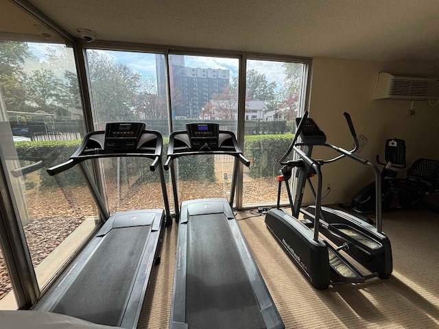 workout area with a wall unit AC, a textured ceiling, and carpet