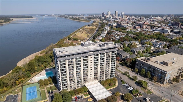 aerial view featuring a water view