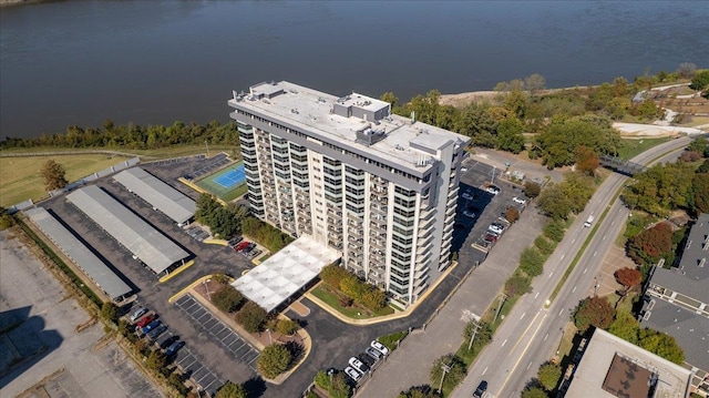 drone / aerial view featuring a water view