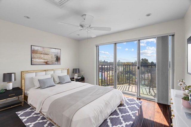 bedroom with access to outside, dark wood-type flooring, and ceiling fan