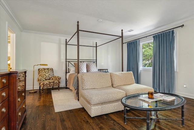 bedroom featuring ornamental molding and dark wood-type flooring