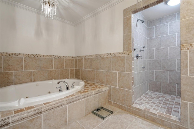 bathroom with tile walls, tile patterned floors, crown molding, and shower with separate bathtub