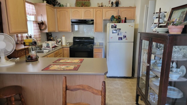 kitchen with black range with electric cooktop, range hood, white refrigerator, light brown cabinets, and kitchen peninsula