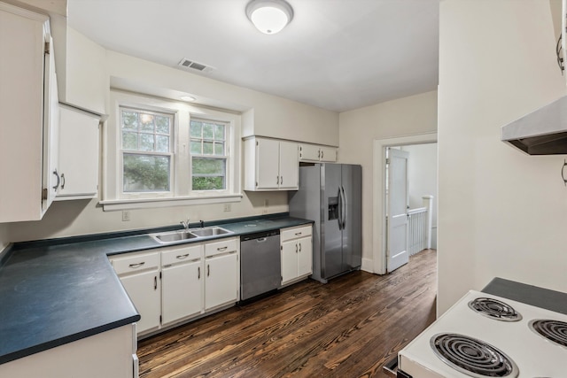 kitchen featuring white cabinetry, stainless steel appliances, dark hardwood / wood-style flooring, and sink