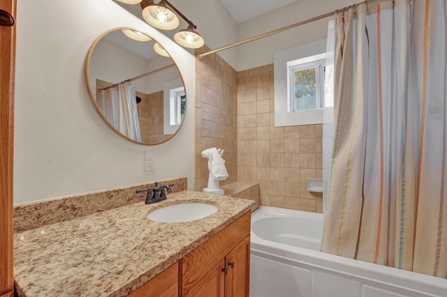 full bath featuring vanity and shower / bathtub combination with curtain