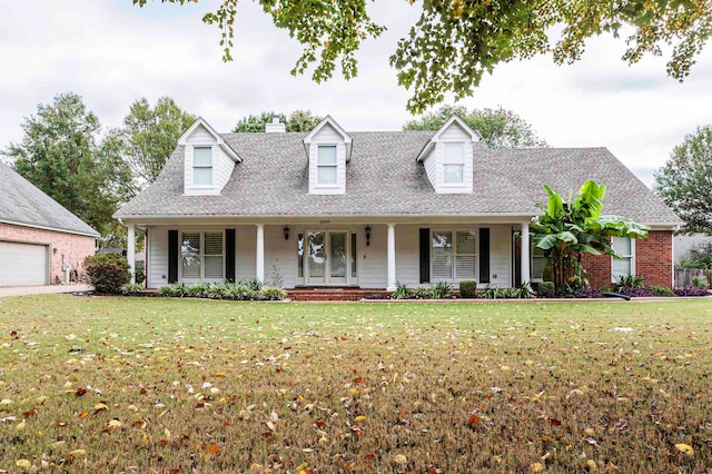 cape cod home with a front yard, a porch, and a garage