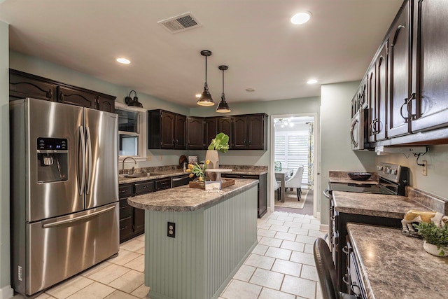 kitchen with sink, a kitchen island, stainless steel appliances, dark brown cabinetry, and pendant lighting