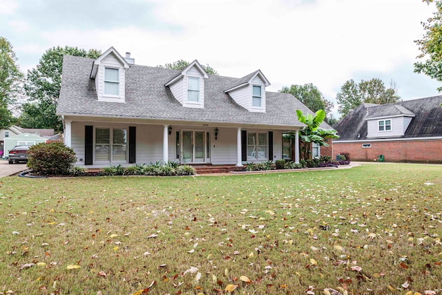 cape cod home featuring covered porch and a front lawn