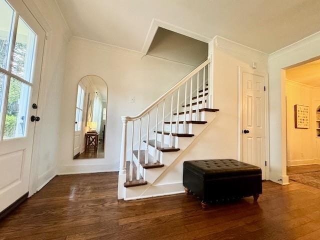 entrance foyer with ornamental molding and dark hardwood / wood-style floors