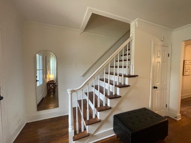 stairs with ornamental molding and hardwood / wood-style floors