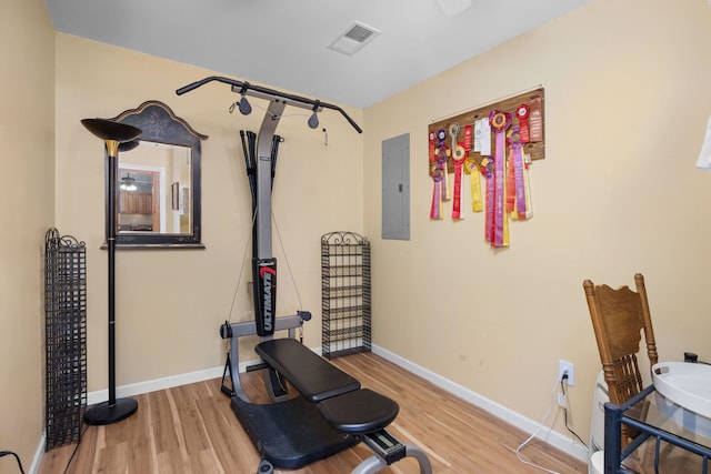 workout room featuring light hardwood / wood-style flooring and electric panel