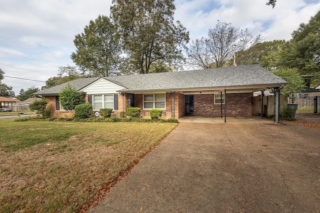 single story home with a front yard and a carport