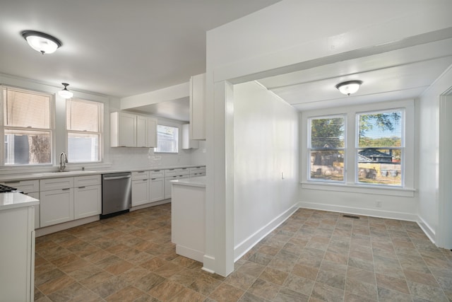 kitchen featuring white cabinetry, backsplash, sink, and stainless steel dishwasher