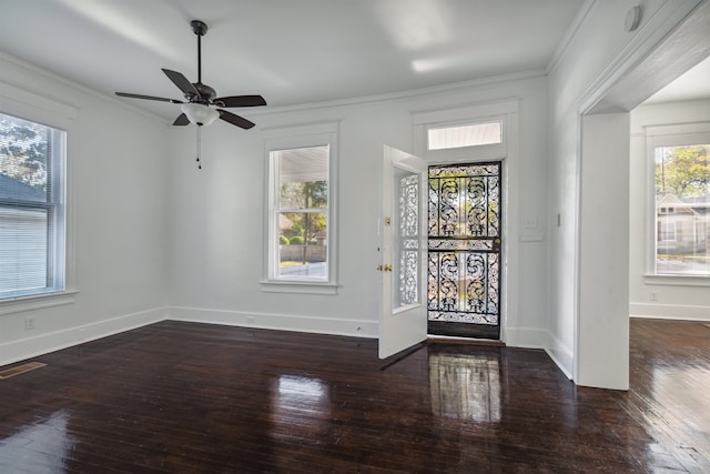 entryway with crown molding, a wealth of natural light, dark hardwood / wood-style floors, and ceiling fan