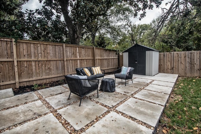 view of patio / terrace with a storage unit and an outdoor hangout area