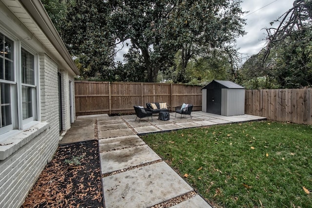 view of yard with a patio and a storage unit