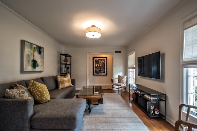 living room featuring ornamental molding, hardwood / wood-style flooring, and a wealth of natural light