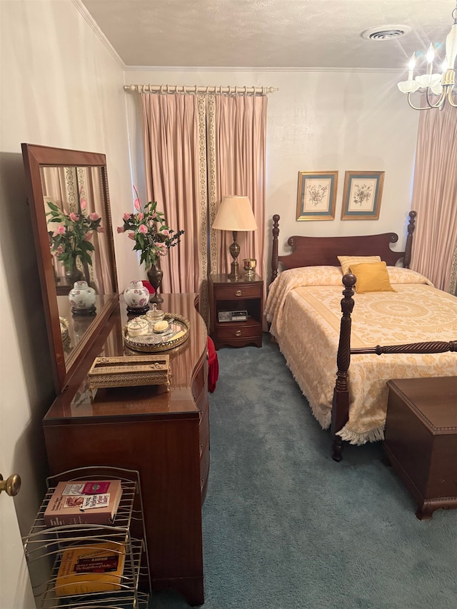 carpeted bedroom featuring ornamental molding and an inviting chandelier