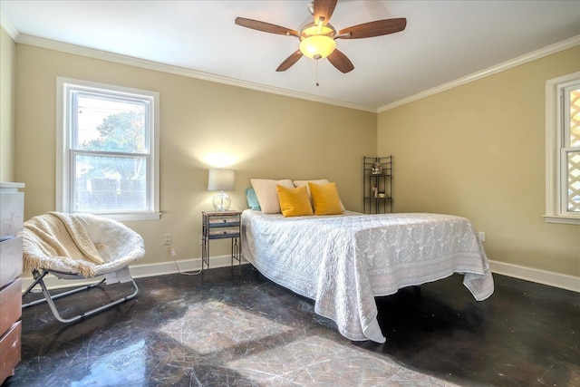 bedroom with crown molding and ceiling fan