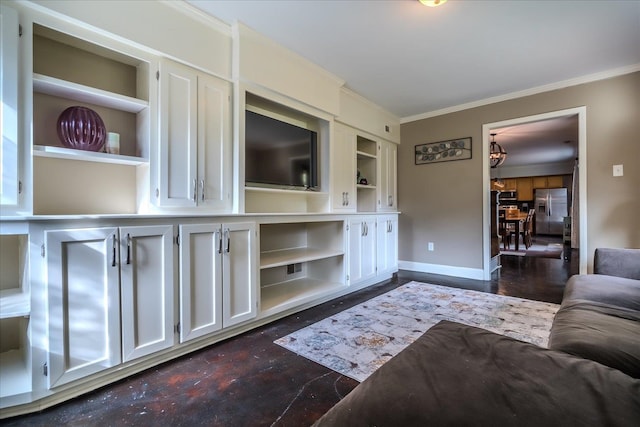 living room featuring crown molding and dark hardwood / wood-style flooring