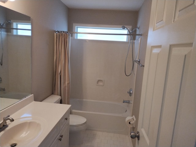 full bathroom with tile patterned floors, vanity, toilet, and shower / tub combo with curtain