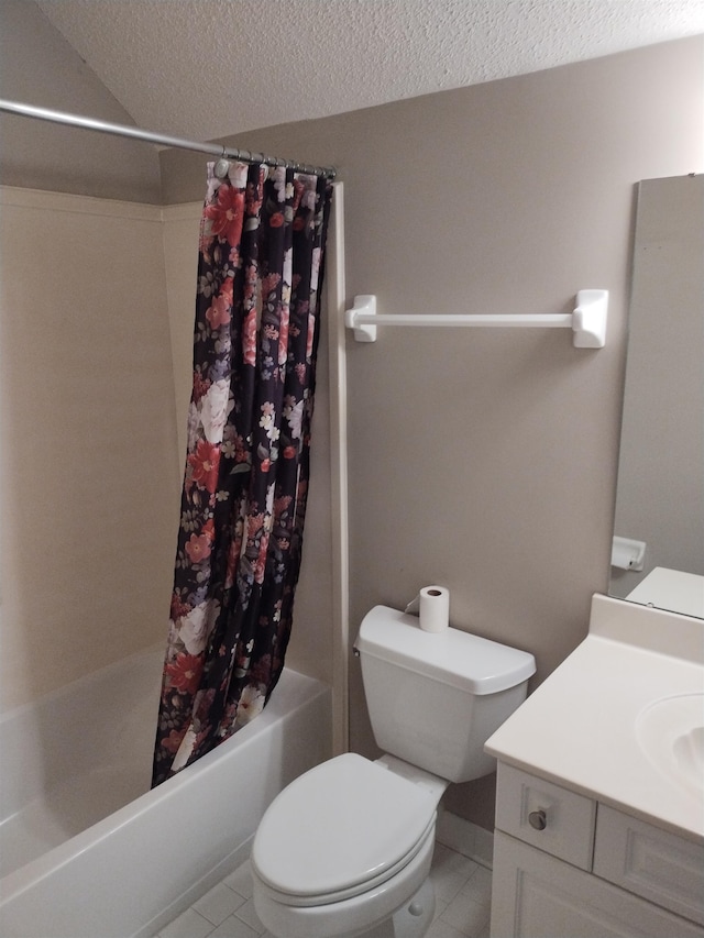 full bathroom with shower / bathtub combination with curtain, tile patterned flooring, a textured ceiling, toilet, and vanity