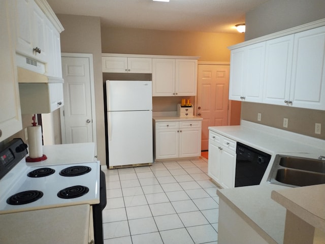 kitchen featuring white cabinets, ventilation hood, white appliances, and light tile patterned floors