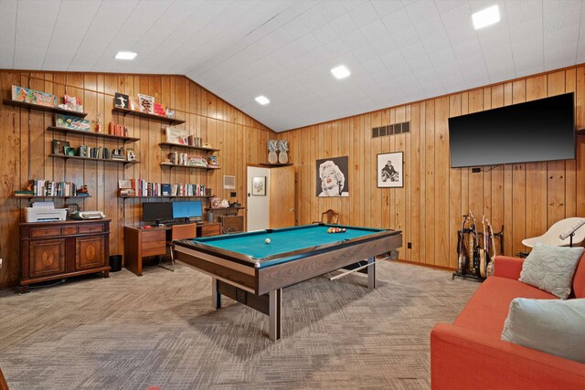 rec room featuring pool table, wooden walls, vaulted ceiling, and light colored carpet