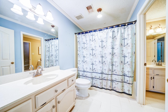 bathroom featuring a textured ceiling, toilet, ornamental molding, vanity, and tile patterned floors