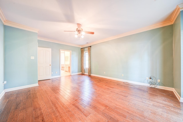 unfurnished room with ornamental molding, light hardwood / wood-style flooring, and ceiling fan