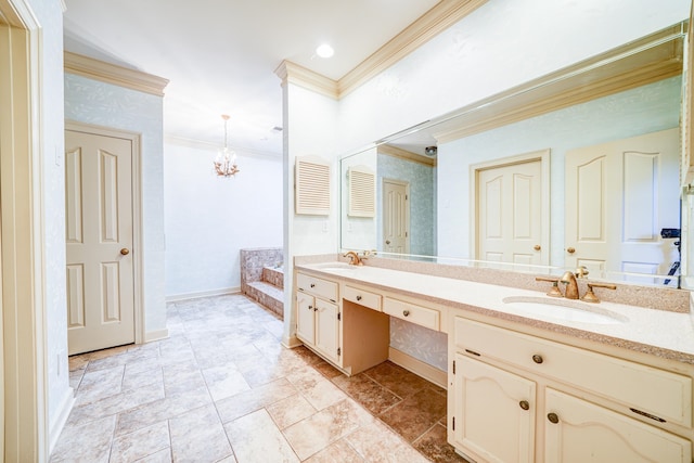 bathroom featuring vanity, crown molding, and a chandelier