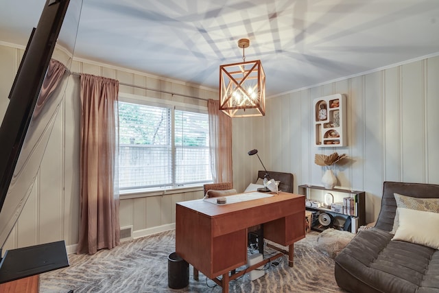 office with an inviting chandelier and ornamental molding