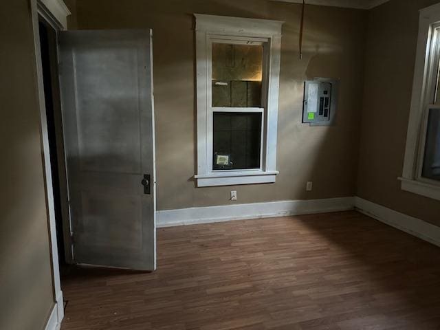 spare room featuring dark wood-type flooring and electric panel