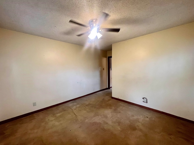 unfurnished room with carpet, a textured ceiling, and ceiling fan