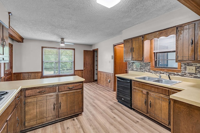 kitchen with backsplash, a textured ceiling, light hardwood / wood-style flooring, wood walls, and sink