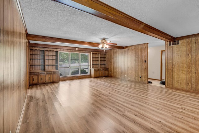 unfurnished living room featuring light hardwood / wood-style floors, a textured ceiling, and ceiling fan