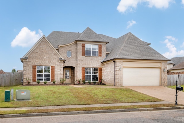 view of front facade with a garage and a front lawn