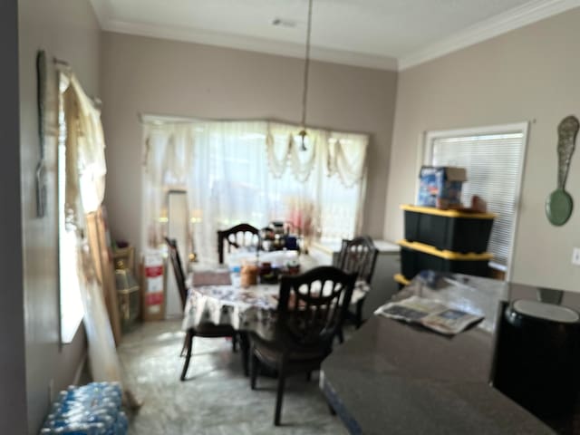 dining area with crown molding, an inviting chandelier, and radiator