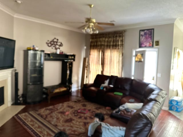 living room featuring ceiling fan, hardwood / wood-style flooring, and ornamental molding