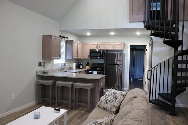 kitchen with appliances with stainless steel finishes, light brown cabinetry, sink, vaulted ceiling, and dark wood-type flooring