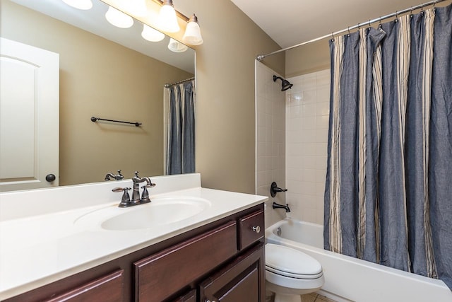 full bathroom with toilet, vanity, and shower / bath combo with shower curtain